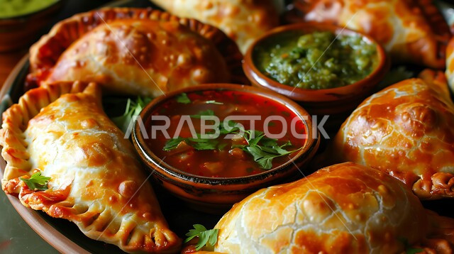 فطائر مقلية متنوعة الحشوات، وصفات المأكولات والأطعمة العربية الشرقية السعودية اللذيذة، أطباق في سفرة إفطار شهر رمضان المبارك، طبق من السمبوسك المقرمشة مع الصلصات, مقبلات رمضانية شهية