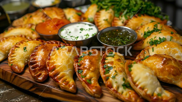 أطباق في سفرة إفطار شهر رمضان المبارك، طبق من السمبوسك المقرمشة مع الصلصات, مقبلات رمضانية شهية، فطائر مقلية متنوعة الحشوات، وصفات المأكولات والأطعمة العربية الشرقية السعودية اللذيذة 