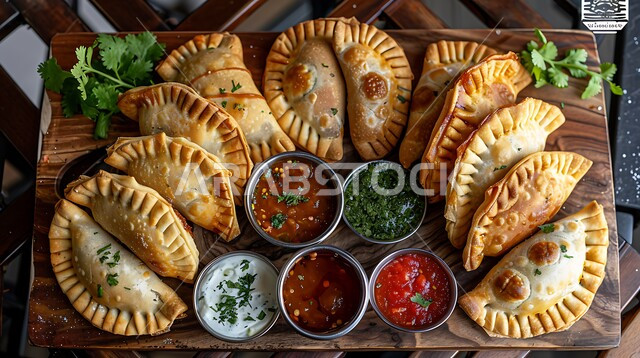 طبق من السمبوسك المقرمشة مع الخضراوت والصلصات, مقبلات رمضانية شهية، فطائر مقلية متنوعة الحشوات، أطباق في سفرة إفطار شهر رمضان المبارك، وصفات المأكولات والأطعمة العربية الشرقية السعودية اللذيذة 