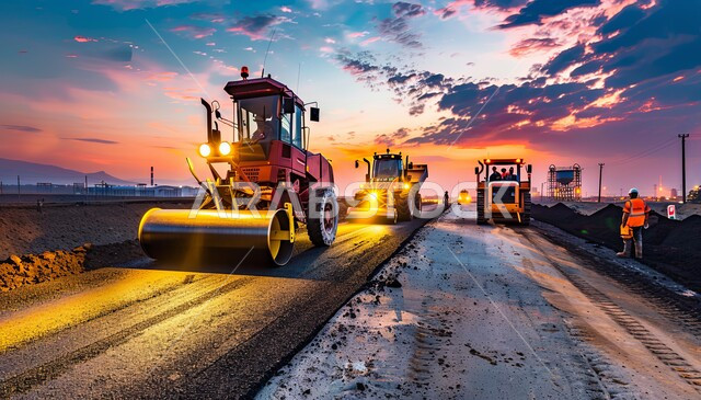 النمو والتطور العمراني والتقدم الحضاري للمدن، تحسين البنية التحتية وتعبيد الشوارع الرئيسية والفرعية، مفهوم الهندسة المدنية والبناء، الأعمال الإنشائية الحديثة في المملكة العربية السعودية، مد الاسفلت بشكل مستوي في الطرقات باستخدام الآلات الثقيلة والجرارات 