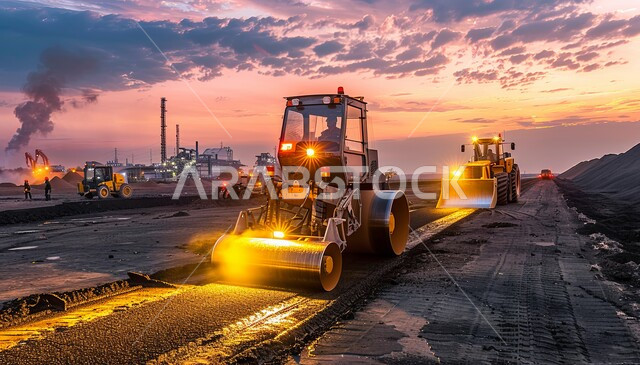 النمو والتطور العمراني والتقدم الحضاري للمدن، تحسين البنية التحتية وتعبيد الشوارع الرئيسية والفرعية، مفهوم الهندسة المدنية والبناء، الأعمال الإنشائية الحديثة في المملكة العربية السعودية، مد الاسفلت بشكل مستوي في الطرقات باستخدام الآلات الثقيلة والجرارات 