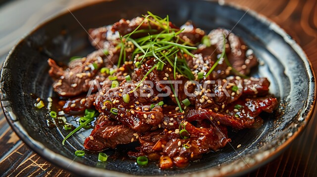 طبق من شرائح اللحم المتبل والمزين بحبات السمسم والخضار، وجبات خفيفة وشهية، مأكولات غنية بالبروتينات، فنون تقديم الأطعمة في مطاعم ومطابخ المملكة العربية السعودية، تحضير وتجهيز المكونات الرئيسية