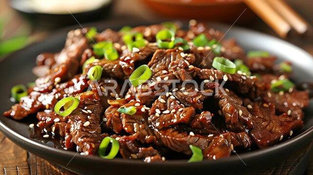 تحضير وتجهيز المكونات الرئيسية، طبق من شرائح اللحم المتبل والمزين بحبات السمسم والخضار، وجبات خفيفة وشهية، مأكولات غنية بالبروتينات، فنون تقديم الأطعمة في مطاعم ومطابخ المملكة العربية السعودية