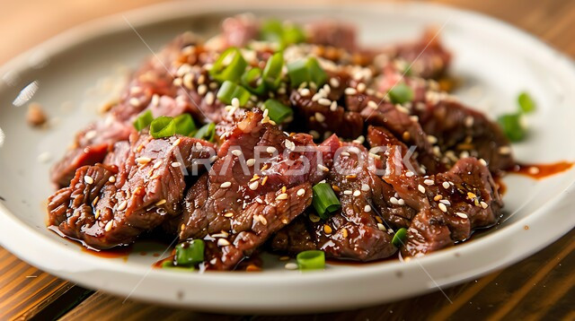 وجبات خفيفة وشهية، طبق من شرائح اللحم المتبل والمزين بحبات السمسم والخضار، مأكولات غنية بالبروتينات، فنون تقديم الأطعمة في مطاعم ومطابخ المملكة العربية السعودية، تحضير وتجهيز المكونات الرئيسية