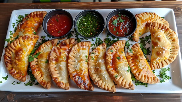  مقبلات رمضانية شهية، طبق من السمبوسك المقرمشة مع الصلصات, فطائر مقلية متنوعة الحشوات، وصفات المأكولات والأطعمة العربية الشرقية السعودية اللذيذة، أطباق في سفرة إفطار شهر رمضان المبارك