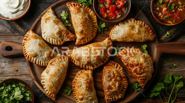  مقبلات رمضانية شهية، طبق من السمبوسك المقرمشة مع الصلصات, فطائر مقلية متنوعة الحشوات، وصفات المأكولات والأطعمة العربية الشرقية السعودية اللذيذة، أطباق في سفرة إفطار شهر رمضان المبارك