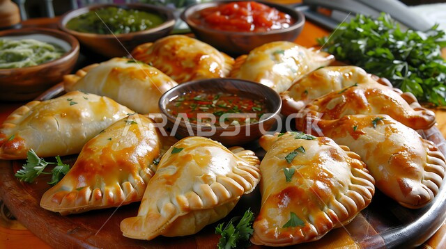  طبق من السمبوسك المقرمشة مع الصلصات, فطائر مقلية متنوعة الحشوات، وصفات المأكولات والأطعمة العربية الشرقية السعودية اللذيذة، أطباق في سفرة إفطار شهر رمضان المبارك، مقبلات رمضانية شهية