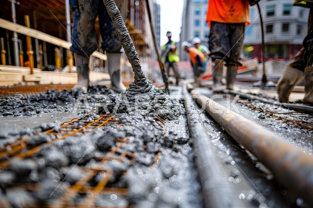  مهن ووظائف هندسية صناعية في المملكة العربية السعودية، صورة مقربة لمجموعة من العمال العربيين الخليجيين السعوديين يقومون بصب الخرسانة الرطبة، آلات ومعدات حديدية ثقيلة، العمل في مجال الهندسة الانشائية والمعمارية، أعمال البناء والمقاولات والتطوير المدني