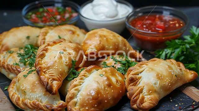  مقبلات رمضانية شهية، طبق من السمبوسك المقرمشة مع الصلصات, فطائر مقلية متنوعة الحشوات، وصفات المأكولات والأطعمة العربية الشرقية السعودية اللذيذة، أطباق في سفرة إفطار شهر رمضان المبارك