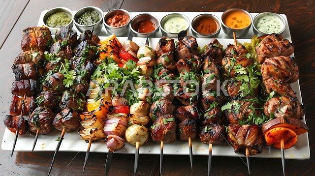 وجبات غذائية صحية غنية بالبروتينات، فنون تقديم الأطعمة الشرقية اللذيذة في مطاعم المملكة العربية السعودية، أسياخ لحم الضأن والخضراوات المشوية مع الصلصات المتنوعة، مأكولات وأطباق عربية تقليدية