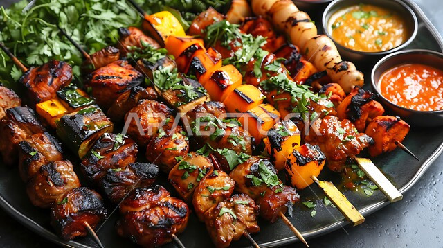 وجبات غذائية صحية غنية بالبروتينات، فنون تقديم الأطعمة الشرقية اللذيذة في مطاعم المملكة العربية السعودية، أسياخ لحم الضأن والخضراوات المشوية مع الصلصات المتنوعة، مأكولات وأطباق عربية تقليدية