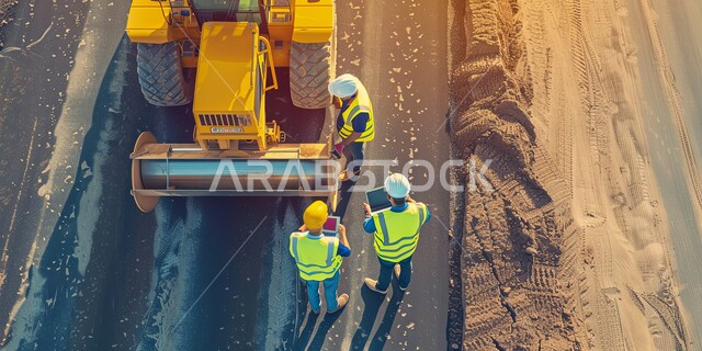 تحسين البنية التحتية وتعبيد الشوارع الرئيسية والفرعية،   صورة من الأعلى لمجموعة من المهندسيين الإنشائيين العربيين الخليجيين السعوديين يرتدون خوذات وسترات الحماية يشرفون على سير العمل، مد الاسفلت بشكل مستوي في الطرقات باستخدام الآلات الثقيلة والجرارات