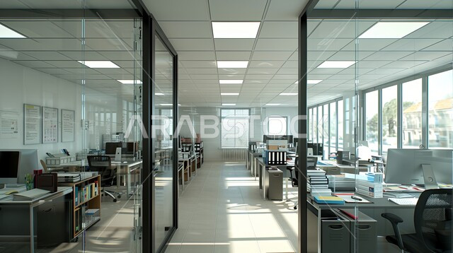 Huge glass facades in the office, modern interior designs and elegant decorations, modern office equipment with elegant and comfortable furniture, advanced modern designs, meeting table in the offices of companies in the Kingdom of Saudi Arabia