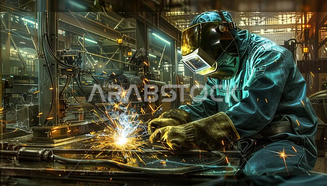 Wearing protective clothing to protect against scattered sparks in the laboratory, a Saudi Arabian Gulf engineer wearing a protective mask and gloves welds and melts metal, preparing and connecting iron with special welding equipment and tools, following up on the progress of work in blacksmith workshops with skill and mastery, industrial jobs and professions for Saudi youth
