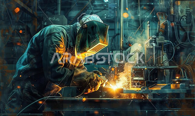 Wearing protective clothing to protect against scattered sparks in the laboratory, a Saudi Arabian Gulf engineer wearing a protective mask and gloves welds and melts metal, preparing and connecting iron with special welding equipment and tools, following up on the progress of work in blacksmith workshops with skill and mastery, industrial jobs and professions for Saudi youth