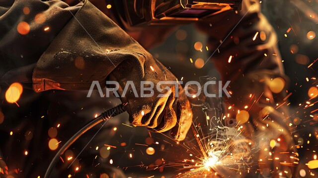 ارتداء الزي الواقي للحماية من الشرار المتناثر في المعمل, مهندس عربي خليجي سعودي يرتدي قناع الحماية والقفازات يقوم بلحام المعدن وصهره, تجهيز وتوصيل الحديد بمعدات وأدوات لحامية خاصة، متابعة سير العمل في ورش الحدادة بمهارة وإتقان، وظائف ومهن صناعية للشباب السعودي