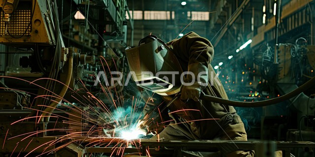 ارتداء الزي الواقي للحماية من الشرار المتناثر في المعمل, مهندس عربي خليجي سعودي يرتدي قناع الحماية والقفازات يقوم بلحام المعدن وصهره, تجهيز وتوصيل الحديد بمعدات وأدوات لحامية خاصة، متابعة سير العمل في ورش الحدادة بمهارة وإتقان، وظائف ومهن صناعية للشباب السعودي