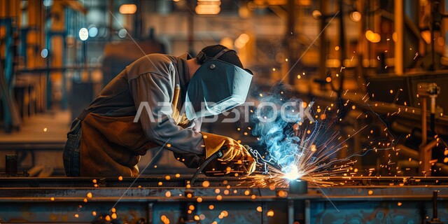 وظائف ومهن صناعية للشباب السعودي، ارتداء الزي الواقي للحماية من الشرار المتناثر في المعمل, مهندس عربي خليجي سعودي يرتدي قناع الحماية والقفازات يقوم بلحام المعدن وصهره, تجهيز وتوصيل الحديد بمعدات وأدوات لحامية خاصة، متابعة سير العمل في ورش الحدادة بمهارة وإتقان
