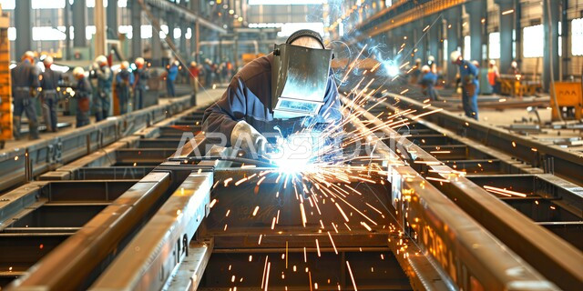 ارتداء الزي الواقي للحماية من الشرار المتناثر في المعمل, مهندس عربي خليجي سعودي يرتدي قناع الحماية والقفازات يقوم بلحام المعدن وصهره, تجهيز وتوصيل الحديد بمعدات وأدوات لحامية خاصة، متابعة سير العمل في ورش الحدادة بمهارة وإتقان، وظائف ومهن صناعية للشباب السعودي