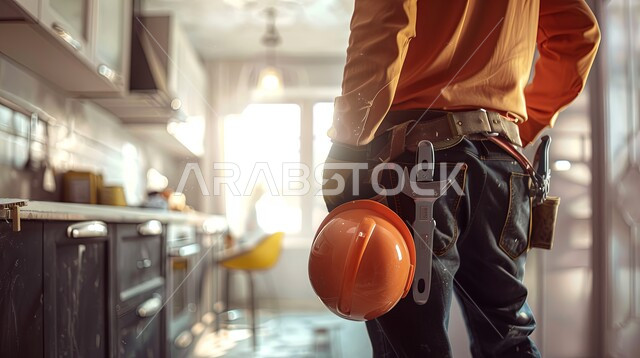 Follow up on the contracting and cladding works according to the architectural plan, industrial professions and jobs for Saudi youth, wearing the work uniform, a close-up photo from the back of a young Saudi Gulf Arab man holding a protective helmet in his hands and carrying the necessary equipment and tools standing in a new house, the concept of structural engineering