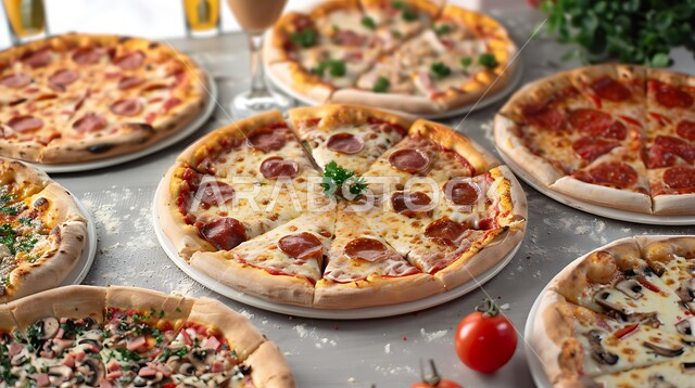 فنون تقديم الأطعمة في مطاعم المملكة العربية السعودية، وجبة الطعام الرئيسية، أصناف المعجنات والفطائر الشهية، وصفات المأكولات السريعة اللذيذة، طاولة مليئة بأطباق البيتزا بالجبن واللحوم الباردة