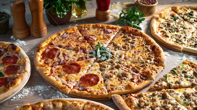 Food presentation arts in Saudi Arabia restaurants, main course, delicious pastries and pies, delicious fast food recipes, table full of pizza dishes with cheese and cold cuts