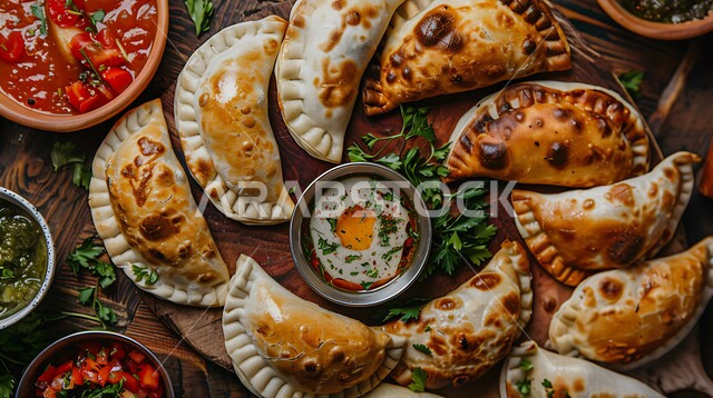 Pieces of golden samosa, crispy fried pastries decorated with parsley with various sauces, delicious oriental Arabic recipes and foods, delicious Ramadan appetizers, the art of food presentation in Saudi Arabia restaurants, traditional oriental foods