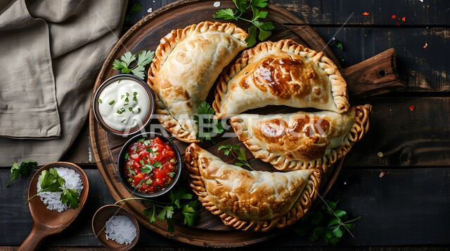 الفطائر المقلية المقرمشة المزينة بالبقدونس مع الصلصات المتنوعة، مقبلات رمضانية شهية، المأكولات التقليدية الشرقية، قطع من السمبوسك ذهبية اللون، وصفات ومأكولات عربية شرقية لذيذة، فنون تقديم الطعام في مطاعم المملكة العربية السعودية