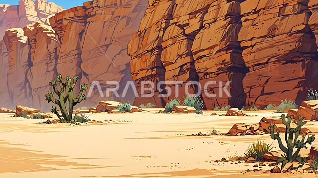 Formations and formations of rocky plateaus and hills in the middle of the desert, desert areas during the day, soft, wavy golden sands and dunes in the Kingdom of Saudi Arabia.