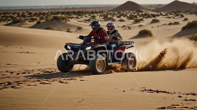 مغامرات سفاري على الكثبان، قيادة دراجات الدفع الرباعي، الرمال الذهبية الناعمة، أنشطة شبابية ممتعة في البيئة الصحراوية في المملكة العربية السعودية