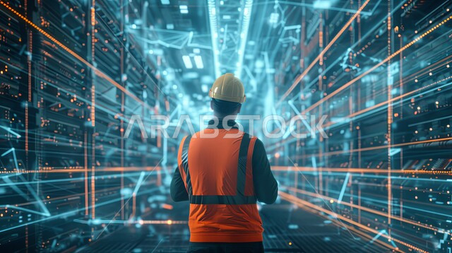 متابعة التصاميم والمخططات الهندسية المتطورة لمشاريع البناء المستقبلية في السعودية، صورة من الخلف لمهندس عربي خليجي سعودي يرتدي نظارة الواقع الافتراضي يراقب جودة العمل، خلفية هولوجرامية ثلاثية الأبعاد للمباني والأشكال الحديثة الذكية، رؤية مستقبلية سعودية 2030