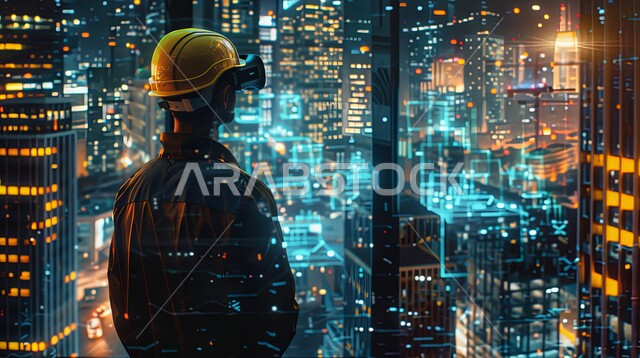 Follow the advanced engineering designs and plans for future construction projects in Saudi Arabia, a photo from the back of a Saudi Arabian Gulf engineer wearing virtual reality glasses monitoring the quality of work, a 3D holographic background of towers and buildings, skyscrapers, Saudi Vision 2030