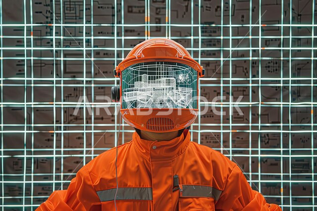Follow the advanced engineering designs and plans for future construction projects in Saudi Arabia, a Saudi Arabian Gulf worker wearing a virtual reality helmet monitors the quality of work, a 3D holographic background with modern smart shapes and lines, Saudi Vision 2030