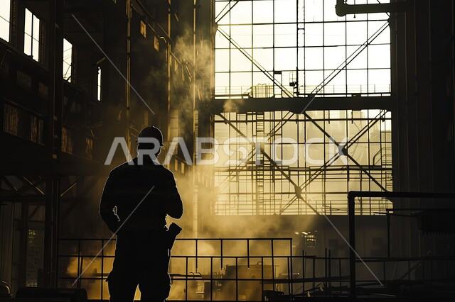 Construction, contracting and architectural development works, direct supervision of work progress, growth of the engineering sector in the Kingdom of Saudi Arabia, silhouette of a Saudi Arabian Gulf engineer wearing a protective jacket and helmet working in a building under construction, structures and foundations for buildings and residential projects, Salulit