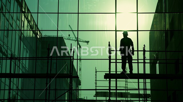  أعمال البناء والمقاولات والتطوير المعماري، الاشراف على سير العمل بشكل مباشر، نمو القطاع الهندسي بالمملكة العربية السعودية، صورة ظلية لمهندس عربي خليجي سعودي يرتدي سترة وخوذة الحماية يعمل في مبنى تحت التشييد، الهياكل والأساسات للمباني والمشاريع السكنية، سالوليت
