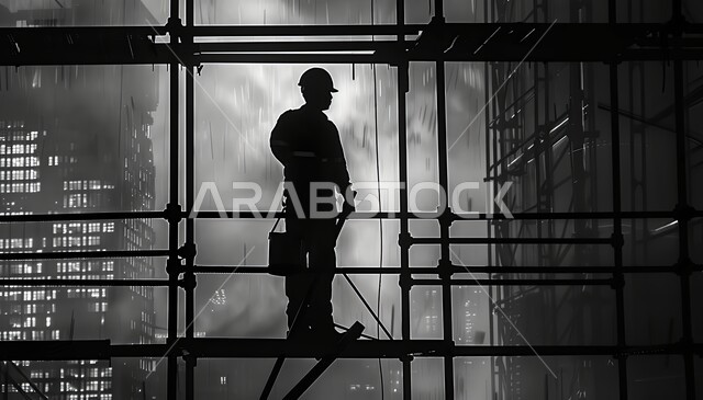 الاشراف على سير العمل بشكل مباشر، نمو القطاع الهندسي بالمملكة العربية السعودية، صورة ظلية لمهندس عربي خليجي سعودي يرتدي سترة وخوذة الحماية يعمل في مبنى تحت التشييد، أعمال البناء والمقاولات والتطوير المعماري، الهياكل والأساسات للمباني والمشاريع السكنية، سالوليت