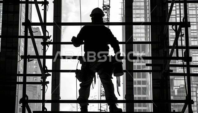 Direct supervision of workflow, growth of engineering sector in Saudi Arabia, silhouette of a Saudi Arabian Gulf engineer wearing a protective jacket and helmet working in a building under construction, construction, contracting and architectural development works, structures and foundations for buildings and residential projects, Salulit