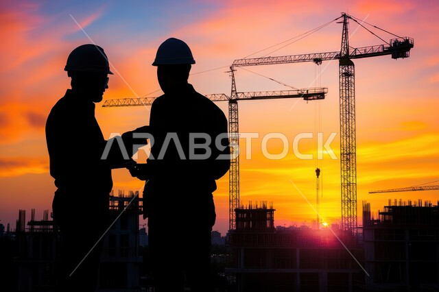 المباني والمشاريع الضخمة تحت التشييد، مفهوم العمل الجماعي والتعاون في المهام، المقاولات والتطوير العقاري، إنشاء الأساسات والهياكل للمشروعات السكنية، صورة ظلية لمهندسين عربيين خليجيين سعوديين يرتديان الخوذ يتناقشان في سير الأعمال في المبنى عند الغروب، سالوليت