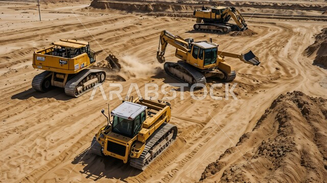 آلات ومعدات ثقيلة، مفهوم الهندسة والإنشاءات والتطوير، مجموعة من الجرافات تعمل على رفع وتعبئة الرمال والحصى في النهار، أعمال البناء والمقاولات، تحسين البنية التحتية
