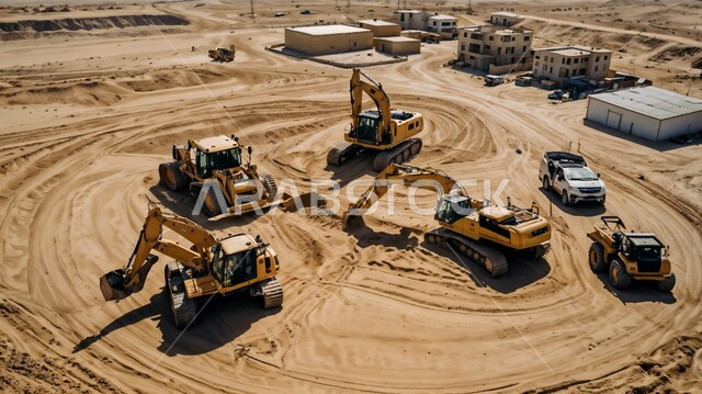 مفهوم الهندسة والإنشاءات والتطوير، آلات ومعدات ثقيلة، مجموعة من الجرافات تعمل على رفع وتعبئة الرمال والحصى في النهار، أعمال البناء والمقاولات، تحسين البنية التحتية
