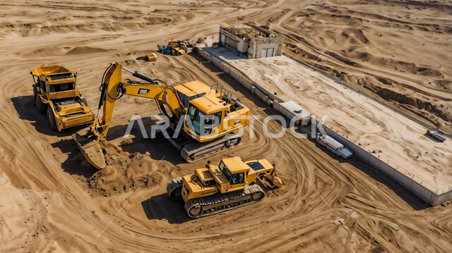 آلات ومعدات ثقيلة، مفهوم الهندسة والإنشاءات والتطوير، مجموعة من الجرافات تعمل على رفع وتعبئة الرمال والحصى في النهار، أعمال البناء والمقاولات، تحسين البنية التحتية