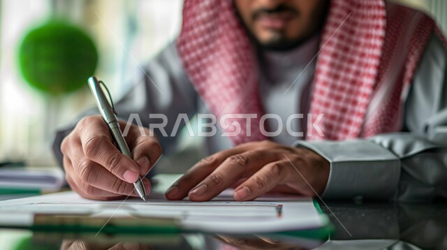 مهن ووظائف ادارية مكتبية، بيئة العمل المريحة في الشركات السعودية، صورة مقربة لرجل اعمال عربي خليجي سعودي يرتدي الثوب التقليدي والشماغ يجلس داخل المكتب في مقر الشركة يقوم بتدوين وتسجيل الملاحظات