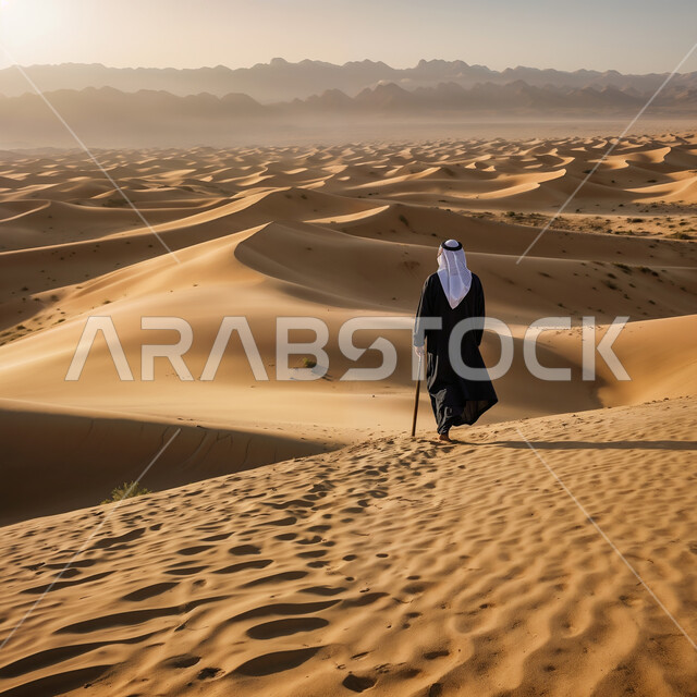 Enjoying the peaceful natural scenery during the day, an Arab Gulf man in traditional dress walks over the sand dunes in the Arabian Desert, desert areas in the peninsula, terrain and soft golden sand in Saudi Arabia