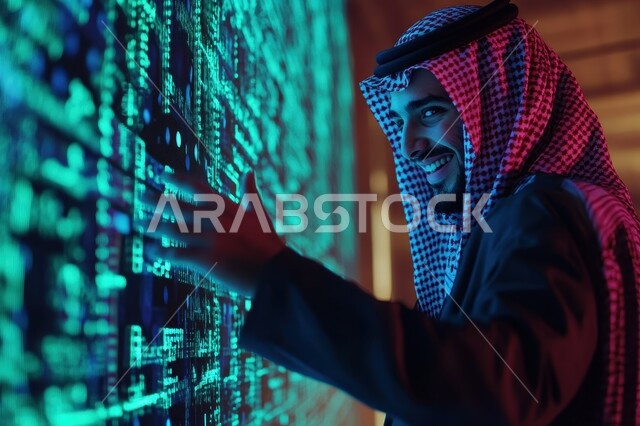 استخدام التقنيات الالكترونية الحديثة، تحسين كفاءة العمل، صورة مقربة من الجانب لرجل أعمال عربي خليجي سعودي يرتدي الثوب التقليدي والشماغ يقوم بلمس الشاشات الالكترونية المضيئة، الأسهم والتداولات والعملات الرقمية، الاستثمار المالي والاقتصادي في البورصة السعودية