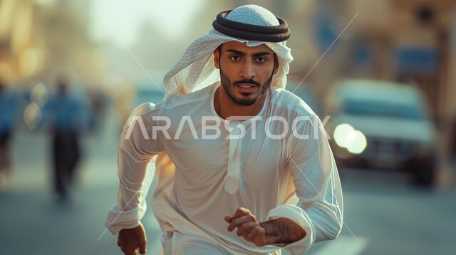 مفهوم النشاط والحيوية والقيام بالتمرينات الرياضية، صورة مقربة لرجل عربي خليجي اماراتي يرتدي الكندورة والغترة التقليدية يقوم بالركض للوصول الى شيء ما، أنشطة جسدية ترفيهية، ايماءات السرعة والتعب وبذل الجهد