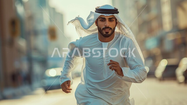 مفهوم النشاط والحيوية والقيام بالتمرينات الرياضية، صورة مقربة لرجل عربي خليجي اماراتي يرتدي الكندورة والغترة التقليدية يقوم بالركض للوصول الى شيء ما، أنشطة جسدية ترفيهية، ايماءات السرعة والتعب وبذل الجهد