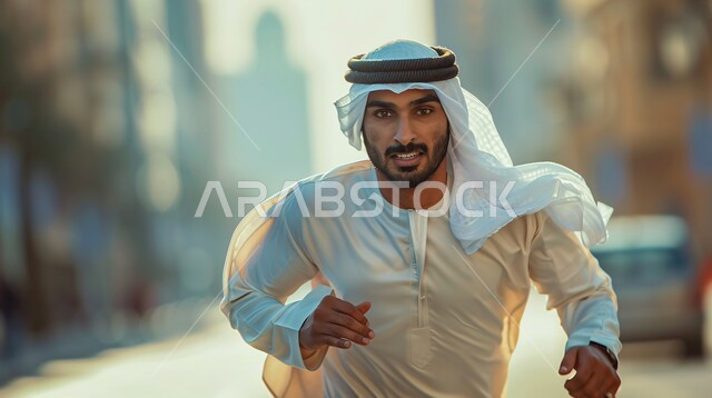 مفهوم النشاط والحيوية والقيام بالتمرينات الرياضية، صورة مقربة لرجل عربي خليجي اماراتي يرتدي الكندورة والغترة التقليدية يقوم بالركض للوصول الى شيء ما، أنشطة جسدية ترفيهية، ايماءات السرعة والتعب وبذل الجهد