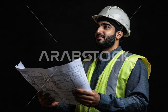 Studying project basics, working in the field of structural engineering, checking and reviewing architectural plans, close-up portrait of a Saudi Arabian Gulf engineer wearing a protective jacket and helmet holding a construction plan in his hand and examining it, following up and supervising the progress of work, managing engineering projects, black background