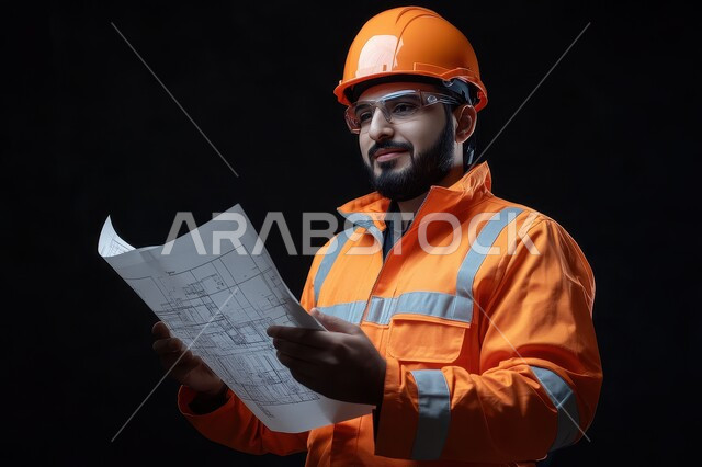 دراسة أساسيات المشروع، العمل في مجال الهندسة الإنشائية، تدقيق ومراجعة المخططات المعمارية، بورتريه مقرب لمهندس عربي خليجي سعودي يرتدي سترة وخوذة الحماية يحمل بيده مخطط الإعمار ويقوم بتفحصه، متابعة سير الأعمال والإشراف عليها، إدارة المشاريع الهندسية، خلفية سوداء