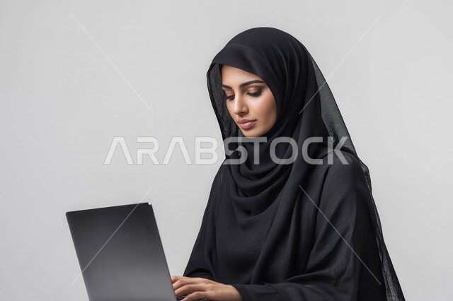 دمج التقنيات الحديثة والمتطورة في مجال العمل، بورتريه لامراة عربية خليجية سعودية محجبة ترتدي العباءة السوداء تجلس أمام الحاسوب المحمول و تتابع عملها بإيماءات التركيز والاندماج، إدارة شؤون الأعمال وتنظيمها، مهن ووظائف نسائية  في المملكة العربية السعودية، خلفية رمادية